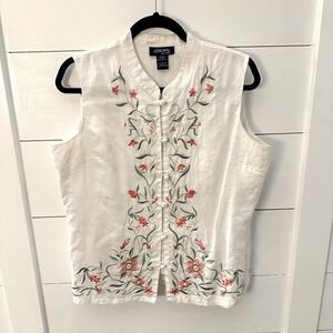 Y2K Vintage Jordan Linen White Floral Embroidered lined button coastal tank L